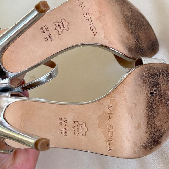 Via Spiga Ankle Wrap Heels 6.5 37 Silver Leather Sandals Cocktail Resort Cruise - Picture 5 of 5